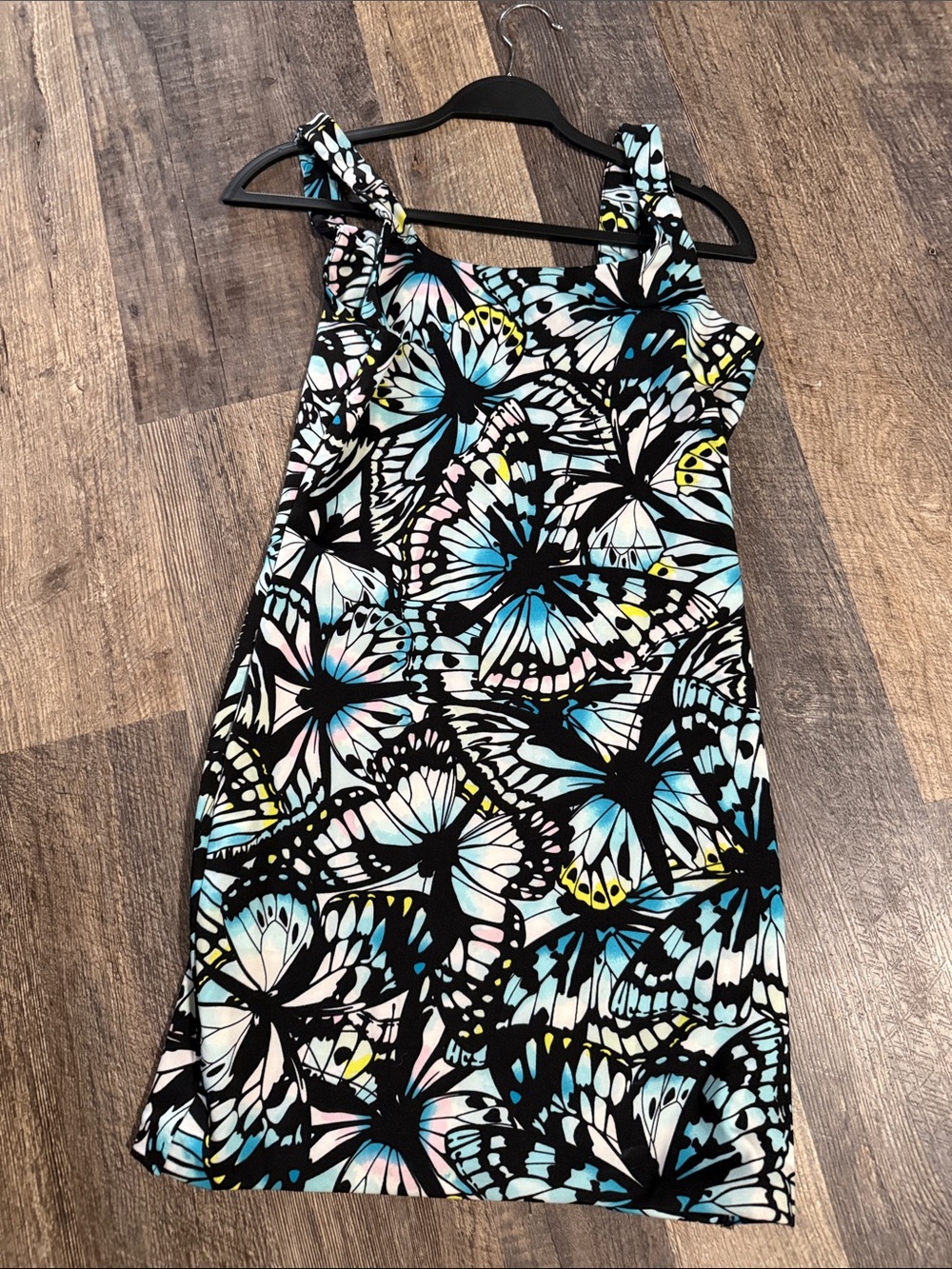 No Boundaries Black Butterfly-Print Mini Dress with Blue and Yellow Accents